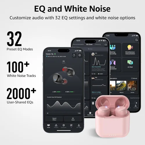 Miniatura 5 de TOZO Auriculares inalámbricos T6, auriculares Bluetooth 5.3, sonido estéreo en el oído, 50 horas de reproducción, estuche de carga inalámbrica, Rosa