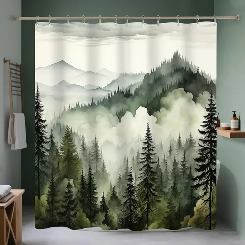 Miniatura 7 de Cortina de ducha pequeña de 36 x 72 pulgadas, cortina de medio tamaño de bosque brumoso, cortina de ducha estrecha mitad negra y blanca de montaña