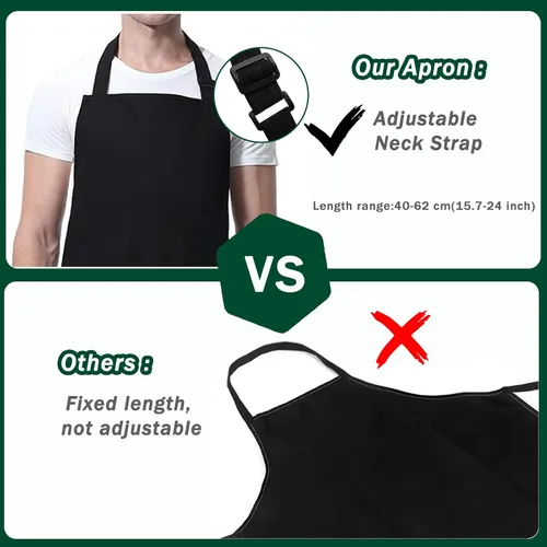 Miniatura 4 de Paquete de 3 delantales de chef negros y blancos, delantal de cocina ajustable con 3 bolsillos para hombres y mujeres, camarera (polialgodón)