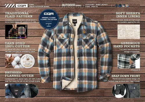 Miniatura 9 de CQR - Chaqueta de franela con forro aborregado para hombre, manga larga, de tela escocesa suave y resistente, con botones