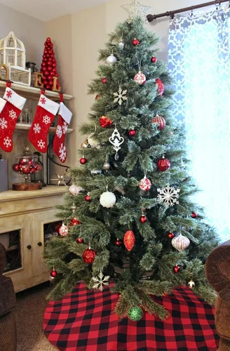 Miniatura 6 de SoarDream Faldas de árbol a cuadros de Navidad pequeñas de 24 pulgadas, falda de árbol a cuadros de búfalo rojo y negro para Navidad, fiesta de Año