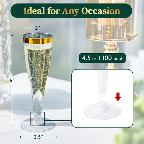 Miniatura 2 de FOCUSLINE Paquete de 100 Copas de Champán de Plástico, Copas de Champán de Plástico con Borde Dorado de 4.5 Onzas, Copas Transparentes Desechables