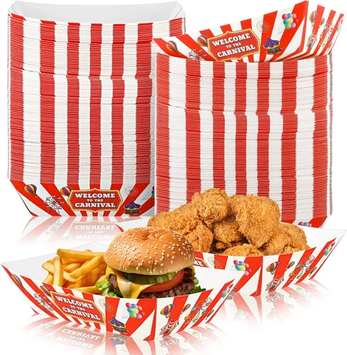 Miniatura 8 de Tenceur 50 Piezas Bandejas de Papel de Carnaval para Alimentos 2lb Decoraciones de Carnaval Cuencos de Nachos a Rayas Rojas y Blancas Barcos