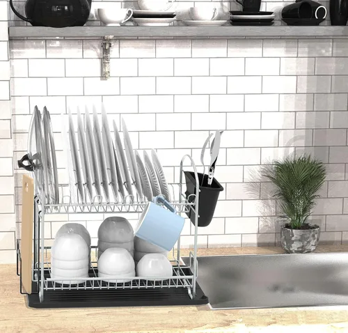 Miniatura 4 de Simple Houseware Secador de platos de 2 niveles con escurridor, plateado Plata