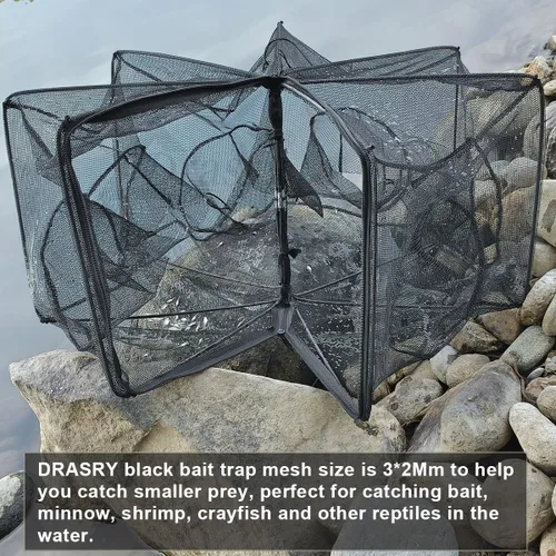 Miniatura 2 de Drasry Red de Pesca Negra con Carnada Plegable, Red de Pesca para Pececillos, Cangrejos, Langostinos y Camarones, Jaula de Red con 4 y 6 Agujeros