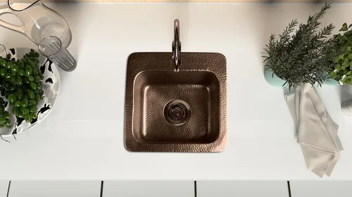 Miniatura 3 de Monarch Abode Fregadero de cocina y bar – Fregadero Baxter de 15 pulgadas, fregadero de cobre puro martillado a mano con orificio para grifo