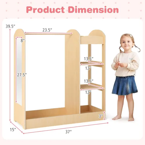 Miniatura 6 de Costzon Almacenamiento de disfraces para niños con espejo, perchero, estantes de 3 niveles, bandeja inferior, centro organizador de disfraces