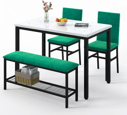 Miniatura 8 de HUGROVE Juego de mesa de comedor de mármol sintético 47.2 para 4, sillas de mesa de cocina con sillas tapizadas de terciopelo, juego de mesa de Verde