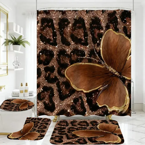 Miniatura 16 de Juego de 4 piezas de cortina de ducha con estampado de leopardo, con alfombra, cubierta de tapa de inodoro y tapete de baño, cortina de ducha roja