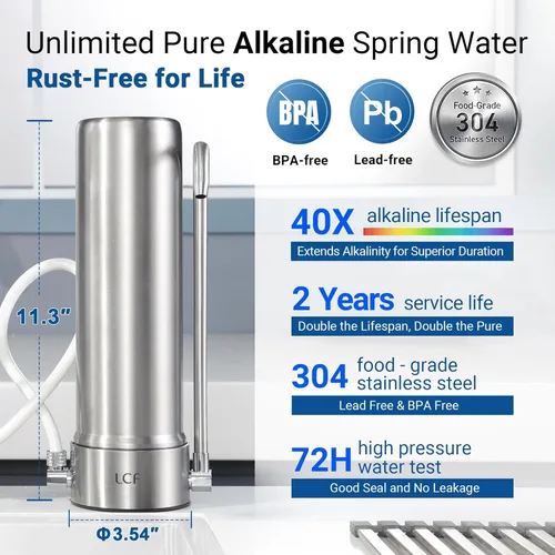Miniatura 8 de LCF Filtro de agua alcalina de encimera, iones de plata mejorados, filtro de agua de acero inoxidable de 6 etapas para llave de fregadero, reduce