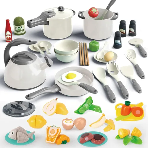 Bruvoalon Juego de 67 piezas de juguetes de cocina para niños, juego de cocina de simulación para niños pequeños con ollas, sartenes, utensilios de