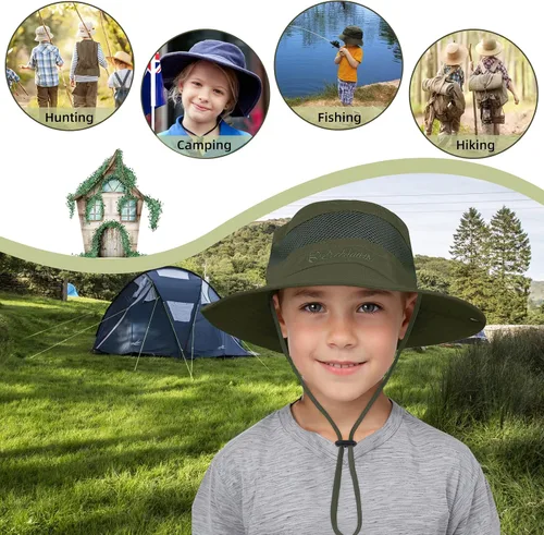 Miniatura 7 de Sombrero de sol para niños, ala ancha, sombrero de safari para niños, protección solar UPF 50+, sombrero de cubo para niños y niñas