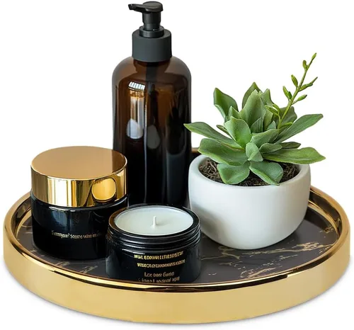 Bandeja decorativa negra redonda pequeña – Plato de joyería con aspecto de mármol, organizador de perfumes, bandeja de maquillaje para tocador, Negro
