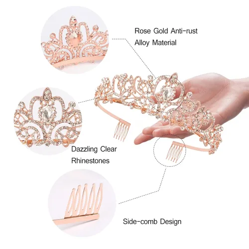 Miniatura 3 de Kit de corona de novia y corona de novia, decoraciones de CIEHER para despedida de soltera, oro rosa, corona de princesa para mujeres y niñas