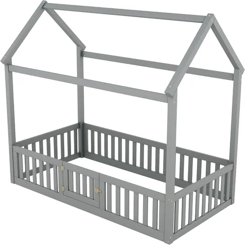 Miniatura 6 de Bellemave Cama Montessori de tamaño individual para niños, camas de piso de madera con barandillas de valla y puerta, cama individual para niños
