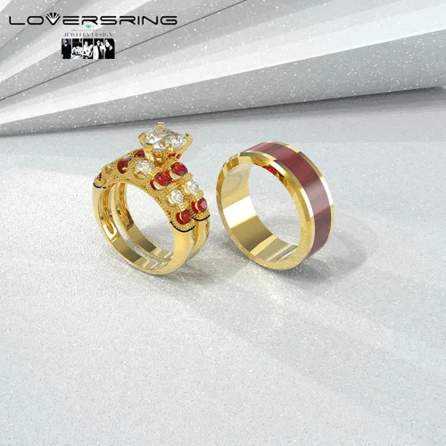 Miniatura 44 de Conjunto de dos anillos de boda para él y para ella, anillos para parejas. Anillos de compromiso para novia en acero inoxidable chapado en oro Blanco