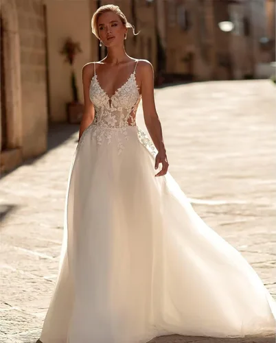 Miniatura 52 de Vestido de novia formal sin tirantes con encaje, largo de sirena para mujer 2019 WD162