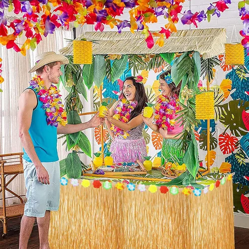Miniatura 6 de PHOGARY Luau - Falda de mesa de hierba de 9 pies (mejorado) para decoraciones de fiesta hawaiana, flecos de hierba falsa con flores de hibisco