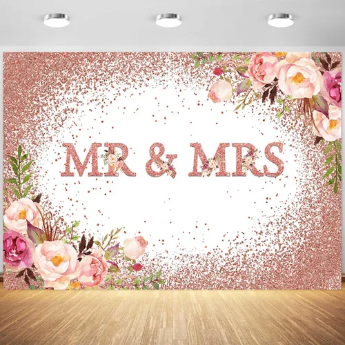 Telón de fondo de boda de 5 x 3 pies con texto en inglés "Mr and Mrs Bridal Shower Fotografía", flores de oro rosa rosa con flores de novia para