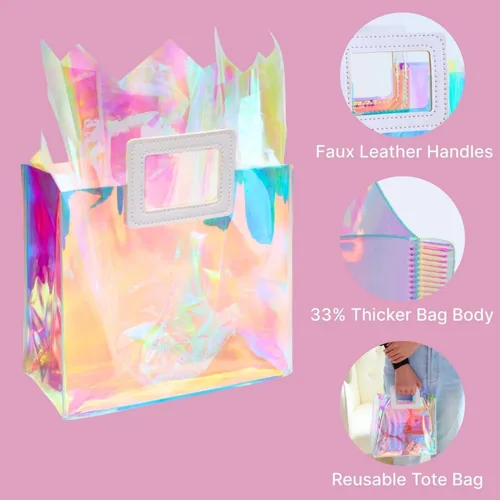 Miniatura 4 de Bolsa de regalo grande holográfica con papel de seda reutilizable para cumpleaños, bolsa de regalo para mujeres y niñas, iridiscente, para despedida