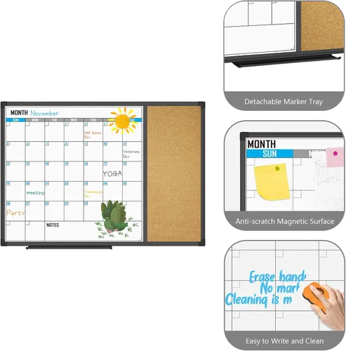 Miniatura 6 de XBoard Pizarra de borrado en seco con calendario 28 X 20 - Juego de pizarra con calendario mensual, pizarra blanca magnética + corcho con marco