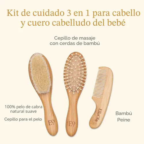 Miniatura 3 de ELLAOLA Juego de cepillo y peine de bambú natural, 3 piezas - Cepillo para costra láctea, cepillo de masaje para el cabello, peine de bambú