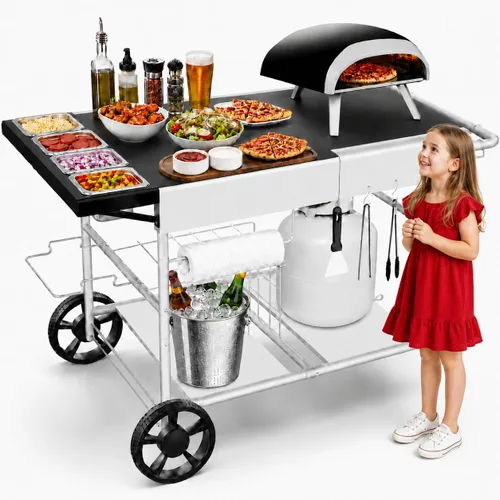 Mesa de Horno de Pizza con Estación de Adiciones, Carro de Horno de Pizza al Aire Libre, Mesa de Parrilla para Exterior, Carro de Parrilla, Carro de