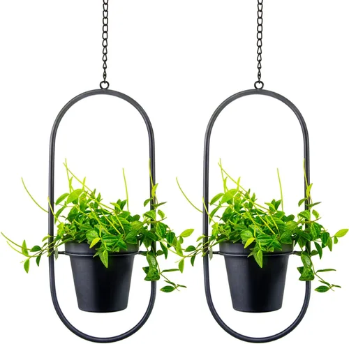 Macetas colgantes modernas para plantas de interior, colgador de plantas de metal con macetas de 5 pulgadas, juego de 2 soportes negros ovalados