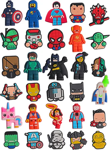 30 dijes de zapatos para niños, dijes de zapatos de héroe para zapatos y pulseras, regalos de fiesta, Metal no precioso., No es una piedra preciosa