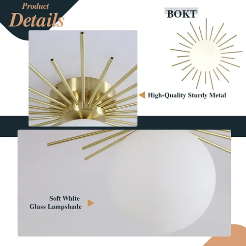 Miniatura 3 de BOKT Moderna lámpara de techo semiempotrada dorada de mediados de siglo con globo de vidrio blanco, lámpara de techo industrial cerca del techo