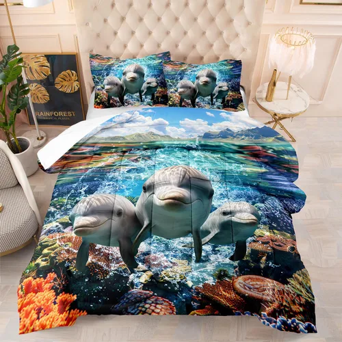 Miniatura 18 de AILONEN Lindo juego de edredón de ajolote tamaño Queen, 3 piezas para niños y niñas, ropa de cama en una bolsa, ropa de cama costera azul turquesa