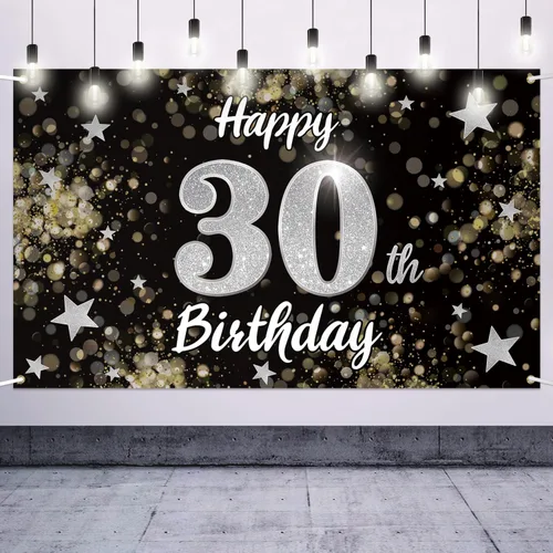 Miniatura 22 de Decoración de feliz cumpleaños 37, cartel grande de fondo de cumpleaños de 37 años con estrella de ensueño negro y plateado – Decoración de fiesta