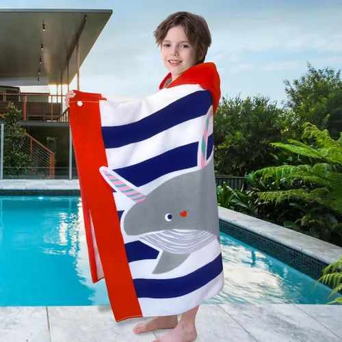 Miniatura 6 de VOOVA & MOVAS Toalla de playa con capucha para niños, (3-8 años, 30''X50''), toalla envolvente de algodón 100% absorbente para niños, perfecta