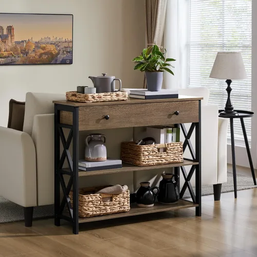 Miniatura 9 de Yaheetech - Mesa de consola con cajón y 2 estantes abiertos de almacenamiento, mesa de sofá para sala de estar, mesa estrecha de 3 niveles