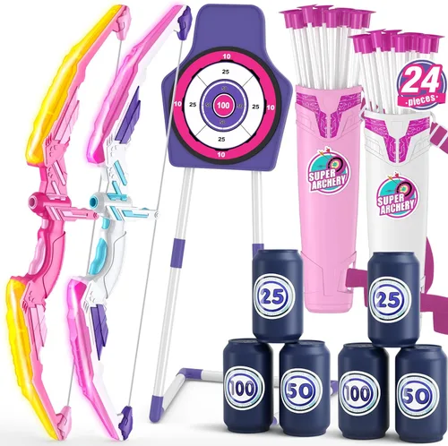 Miniatura 13 de HYES Arco y flecha para niños, juego de tiro con arco con luz LED con 12 flechas de ventosa, 1 objetivo para colgar, 3 objetivos de puntuación y 1