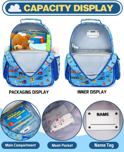 Miniatura 3 de Mochila para niños y niñas, bonita mochila ligera para preescolar, jardín de infantes, primaria, escuela primaria, Carros azules, 12L(Para Niños 5-8