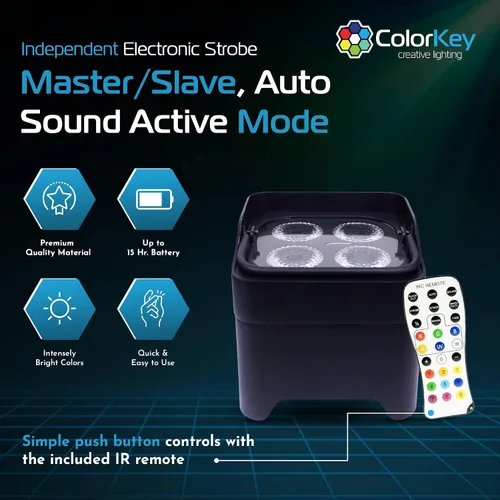 Miniatura 3 de ColorKey MobilePar Mini Hex 4 inalámbrico alimentado por batería RGBAW+UV Uplight DJ Light (CKW-6020B)
