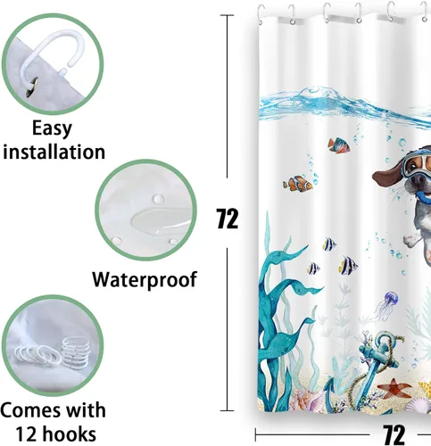 Miniatura 8 de Divertida cortina de ducha para perro, verde azulado, azul, mar, océano, impermeable, cortinas de ducha para baño con animales, pulpo, estrella