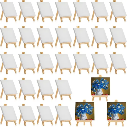 Miniatura 13 de Mimorou Juego de 32 mini lienzos de 3 x 3 pulgadas con caballetes para pintar, regalos navideños, pequeños lienzos estirados para arte, paneles