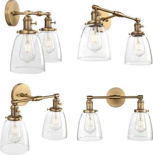 Miniatura 6 de Phansthy Apliques de pared industriales retro de 2 luces, lámpara de tocador de baño, lámpara de pared con doble pantalla de vidrio transparente