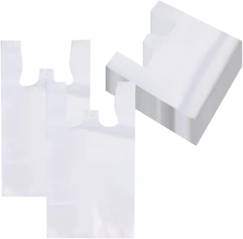 ROYALNA 100 unidades, bolsas de plástico para compras de playera blancas (12" x 6.5" x 21"), reutilizables y desechables para restaurantes, tiendas