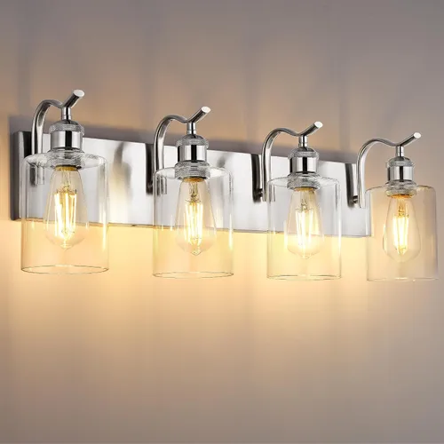 Miniatura 5 de Lámpara de tocador de baño con 4 luces, aplique de pared de níquel cepillado, lámpara de baño moderna con vidrio transparente, VL01BN-4 Níquel
