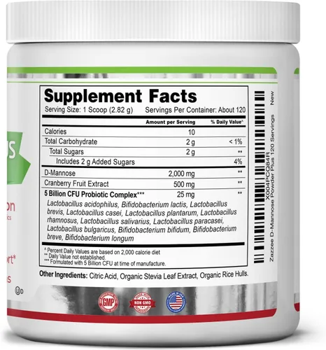 Miniatura 6 de Zazzee D-Mannose Powder Plus, 2000 mg, 120 porciones, potente y de acción rápida, más 5 mil millones de probióticos CFU y extracto de jugo