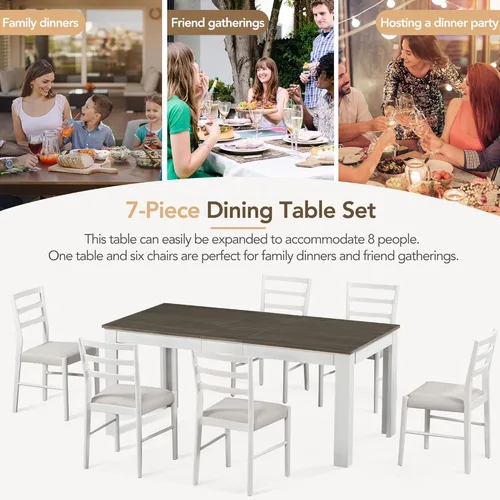 Miniatura 5 de Juego de comedor de madera de 7 piezas, mesa extensible multifuncional con hojas de 12 pulgadas y 2 cajones, más 6 cómodas sillas de comedor