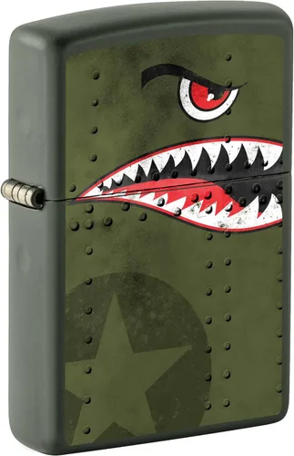 Encendedor Zippo, arte de nariz de avión de combate, dientes de tiburón - Verde mate 80976