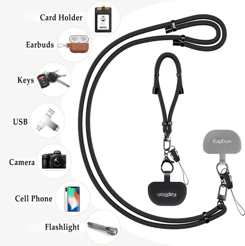 Miniatura 6 de Kaptron 2 cordones para teléfono celular: correa universal ajustable para teléfono y correa de muñeca, con 2 clips de langosta y 2 parches de Negro