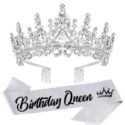 Miniatura 8 de VELSCRUN Coronas de Reina de Cumpleaños para Mujeres y Niñas, Corona de Princesa, Diadema de Cumpleaños, Fajas, Decoraciones para Fiestas, Regalo