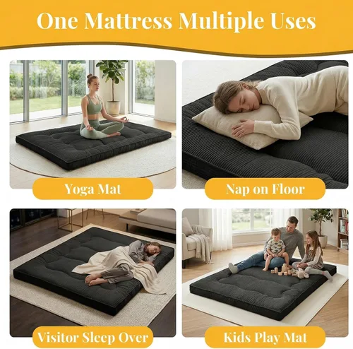 Miniatura 2 de cidludto Colchón de futón japonés de tamaño individual, sofá cama de 4 pulgadas, colchón de suelo para adultos, tapete de tatami más grueso, Negro