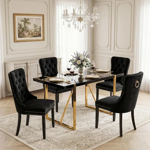 Miniatura 9 de Juego de mesa de comedor negra para 4, parte superior negra brillante de 55 pulgadas con patas de metal dorado, juego de mesa de comedor moderno