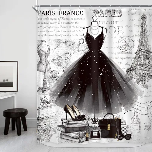 Riyidecor Cortina de ducha negra de moda de 60 pulgadas de ancho x 72 pulgadas de alto, vestido femenino blanco y negro, torre Eiffel, perfume de